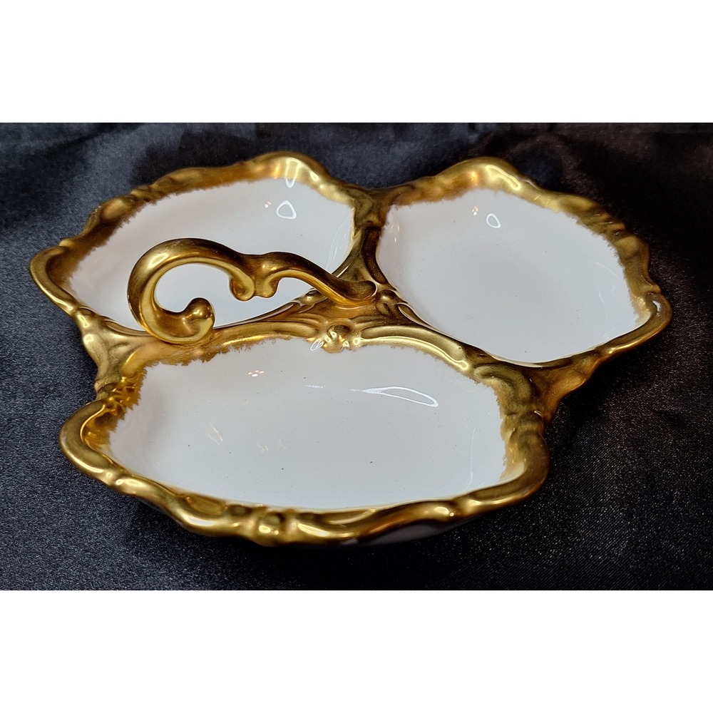 Vintage Cecile Lively Hand Signed Porcelain 3 Section Gold Gilt Candy Nut Dish